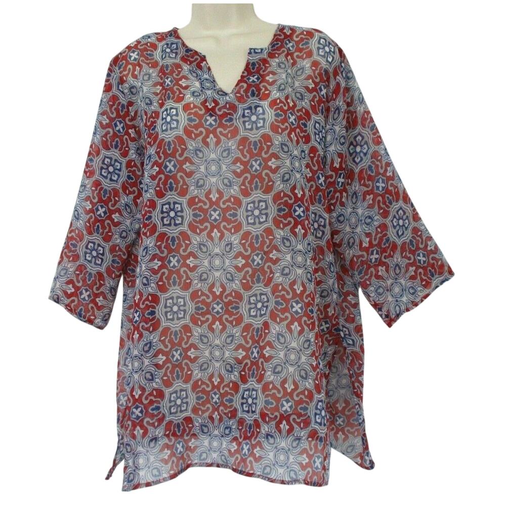 Cypress Home Tunic Top Womens Large Red Blue Sheer 3/4 Sleeve V-Neck Geo Paisley